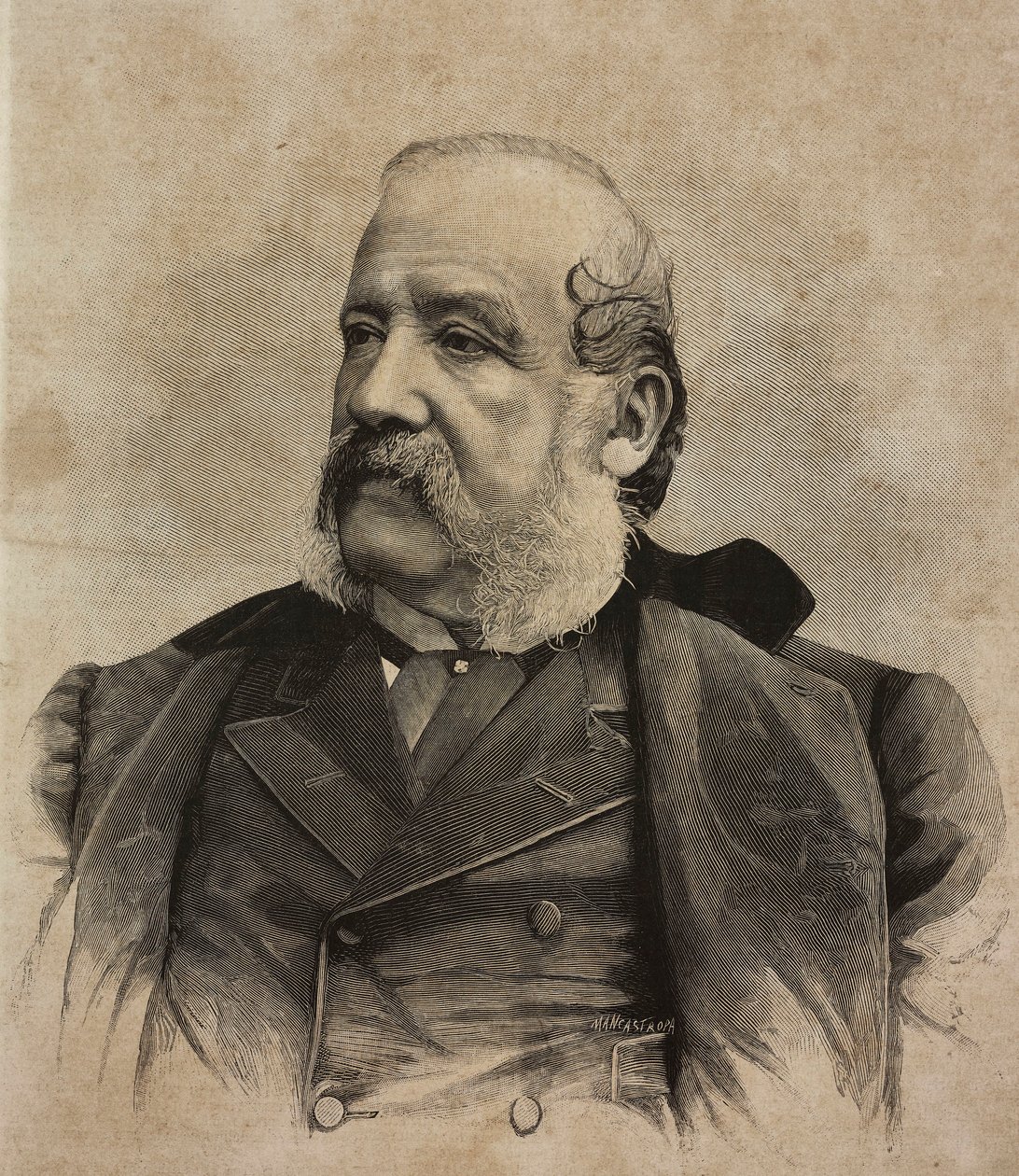 Portrét Gerolama Induna (1825-1890), italského malíře, rytina Ernesta Mancastropy z fotografie Guigoniho a Bossiho, z L
