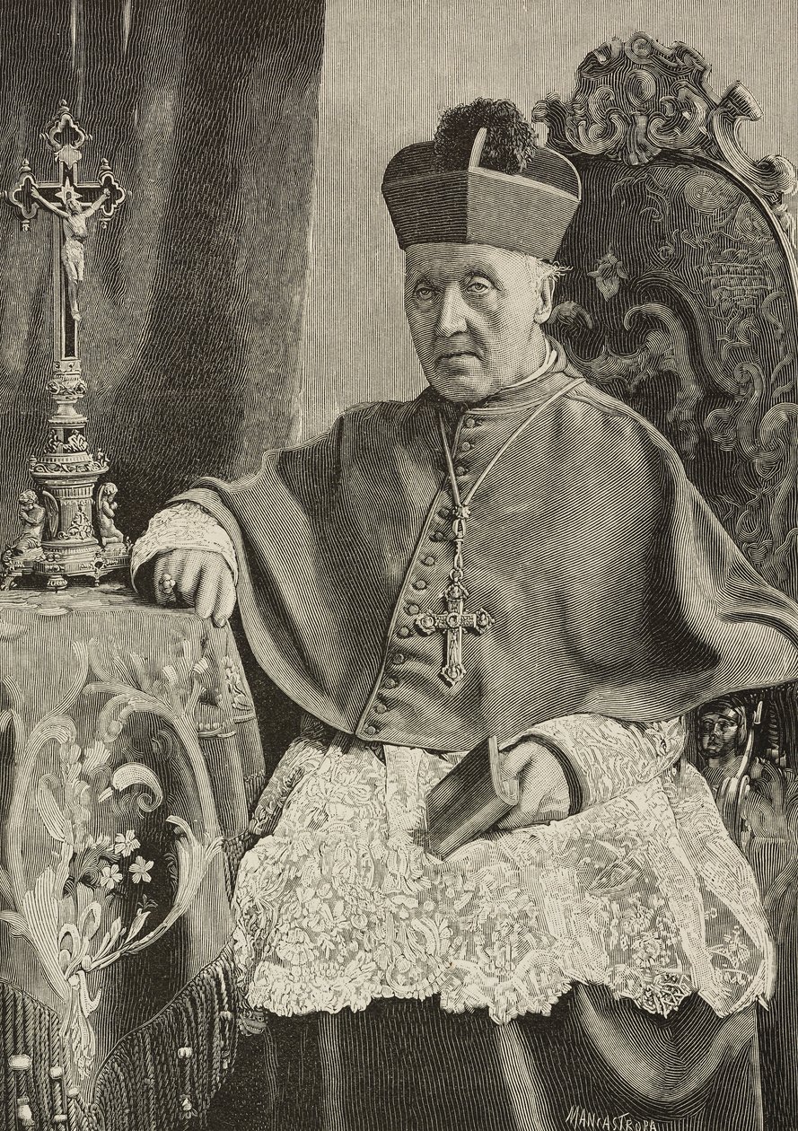 Portrét Luigiho Nazariho z Calabiany (1808-1893), italského politika a arcibiskupa Itálie, vyryl Ernesto Mancastropa po fotografii Ganziniho a Gabriela, z L