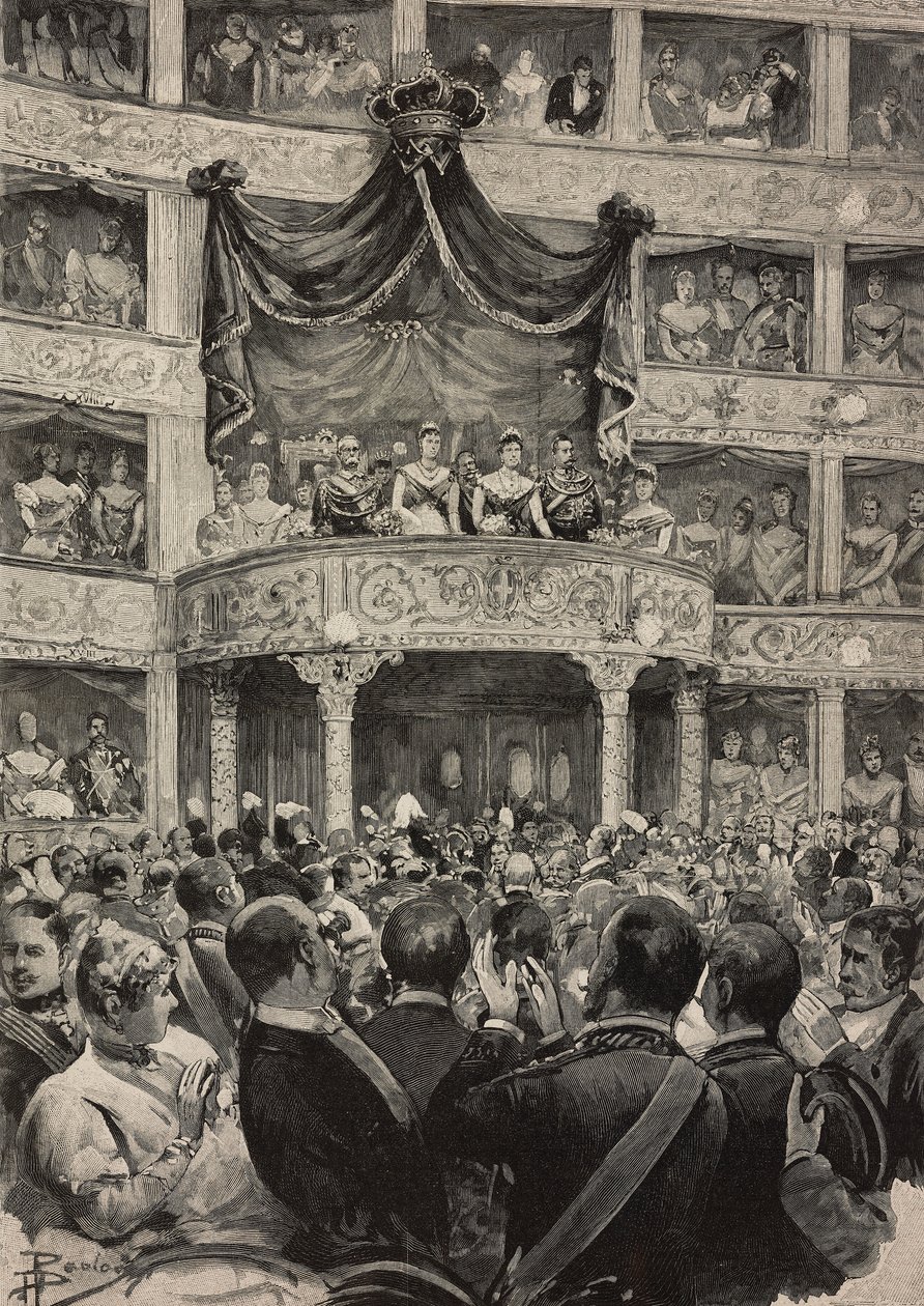 Umberto I. a Margherita Savojská v doprovodu panovníků Německa v Teatro Argentina u příležitosti oslav stříbrné svatby, 21. dubna od Ernesto Mancastroppa