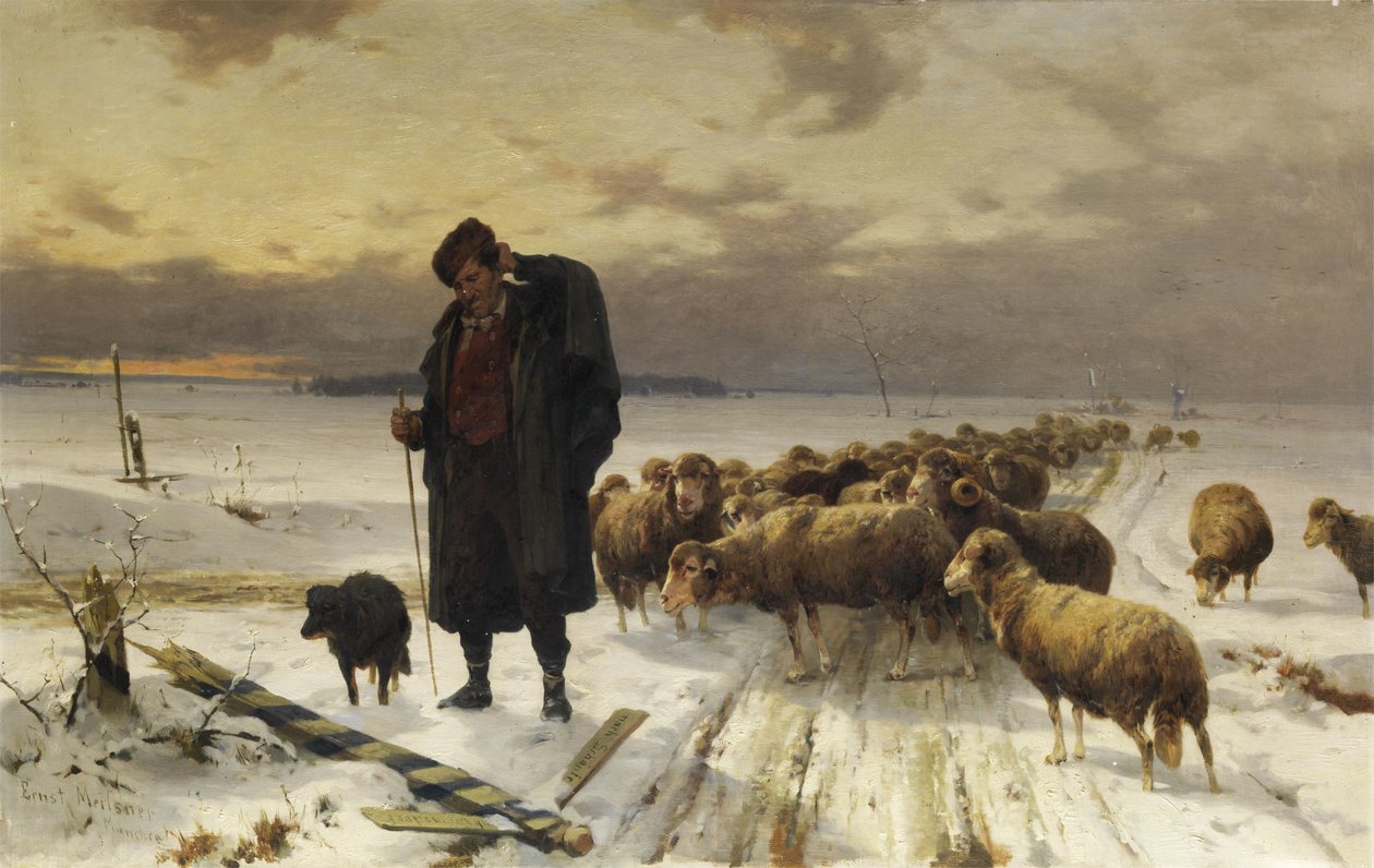 Ovčák se stádem v zimní krajině od Adolf Ernst Meissner