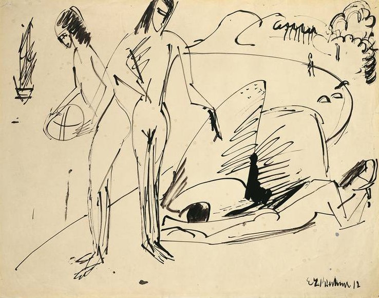 Koupající se na pláži ve Fehmarnu od Ernst Ludwig Kirchner