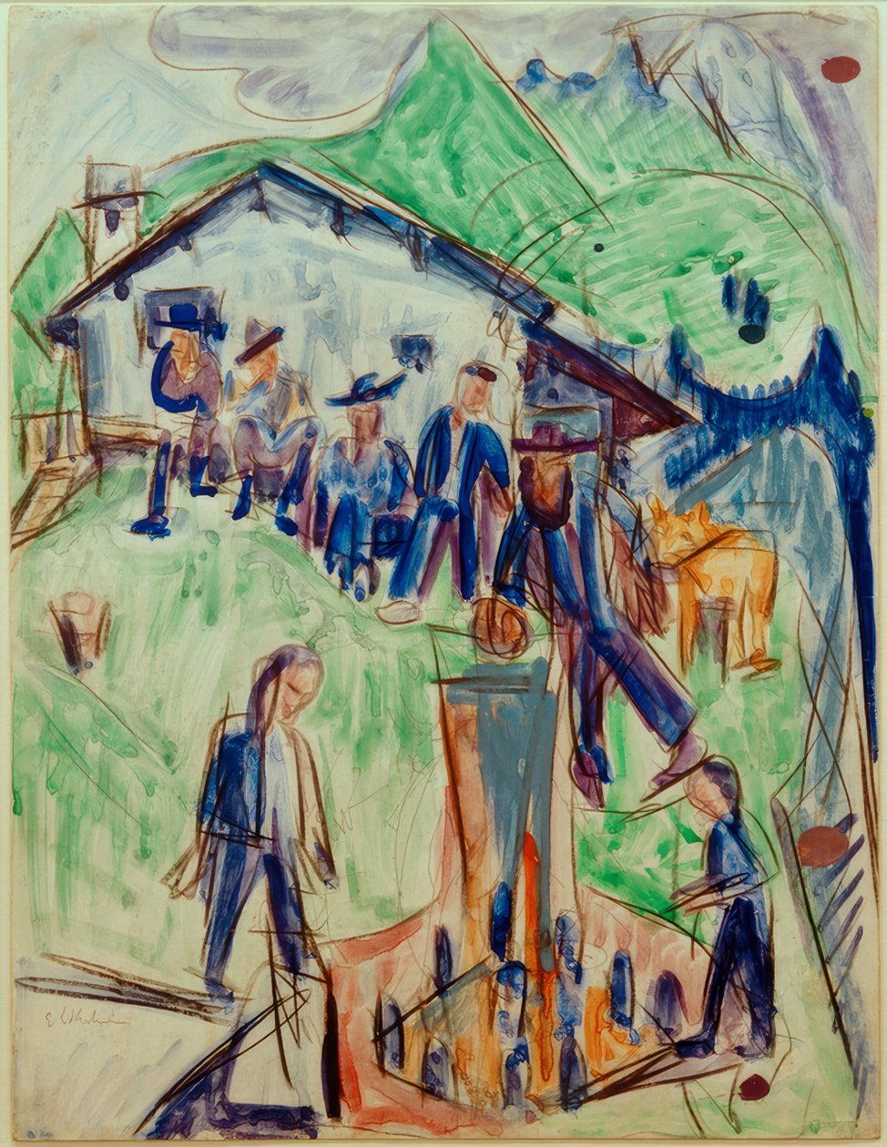 E.L. Kirchner, farmáři u kašny před chatou Stafelalp od Ernst Ludwig Kirchner