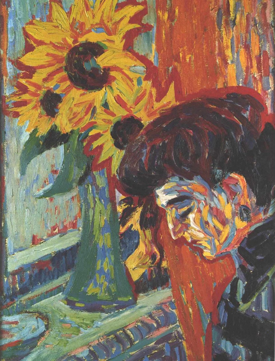 Hlava ženy před slunečnicemi od Ernst Ludwig Kirchner