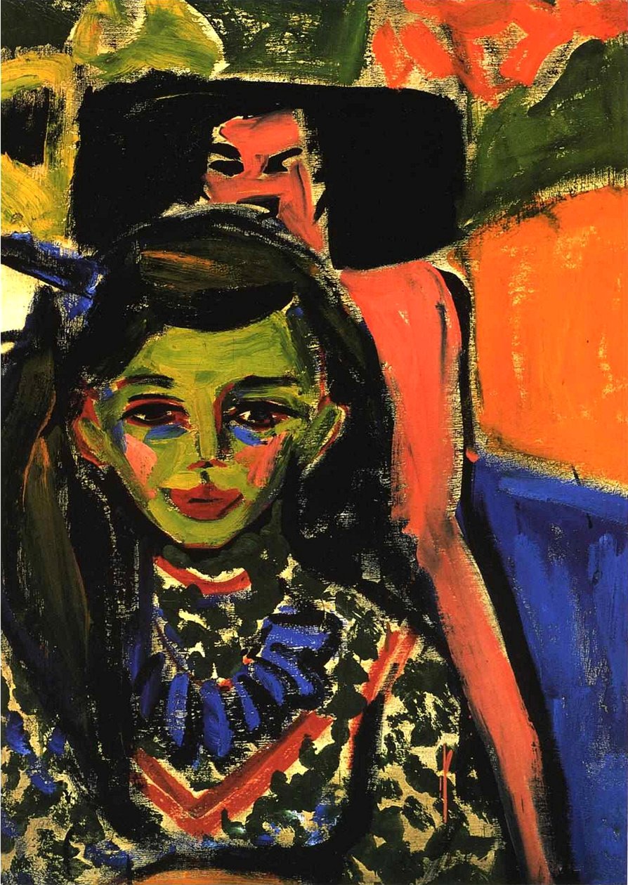 Fränzi před vyřezávanou židlí od Ernst Ludwig Kirchner