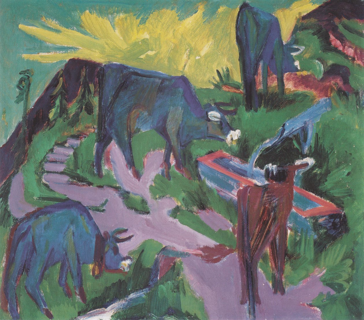 Krávy při západu slunce od Ernst Ludwig Kirchner