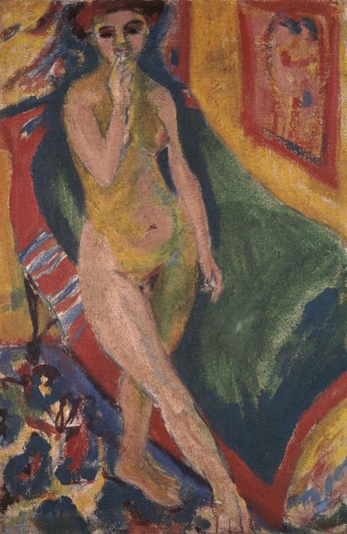 Nahá dívka před zelenou pohovkou od Ernst Ludwig Kirchner