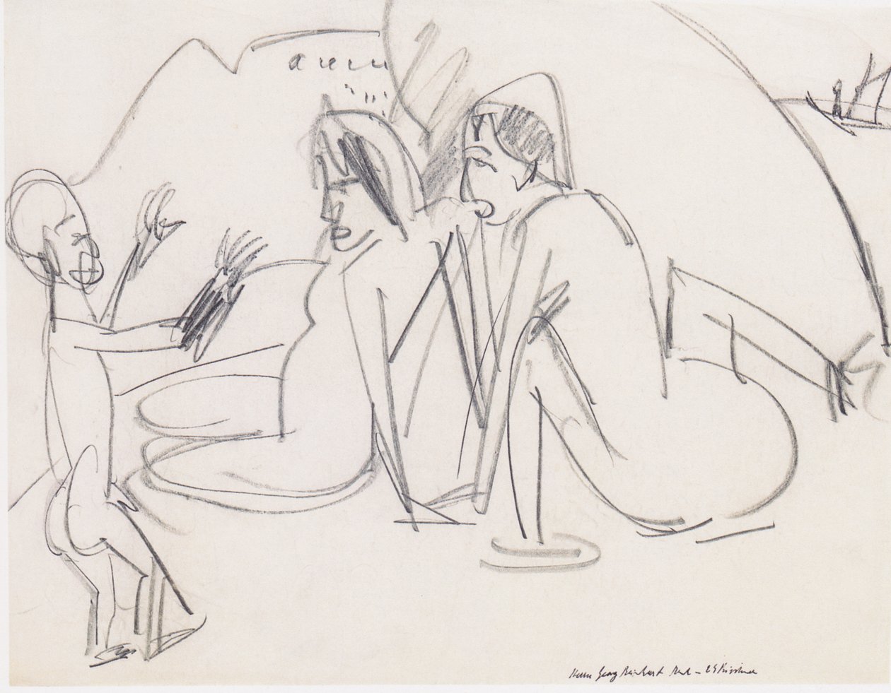 Dvě ženy a socha na pláži od Ernst Ludwig Kirchner