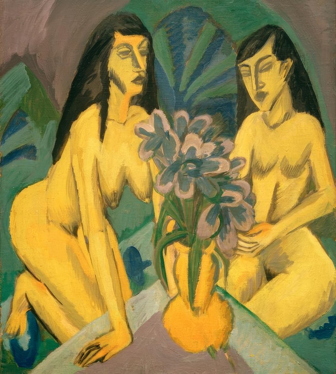 Dva žluté akty s kyticí květin od Ernst Ludwig Kirchner