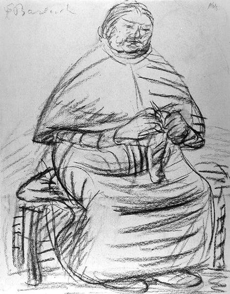 Stará žena pletoucí (uhel na papíře) (čb fotografie) od Ernst Barlach
