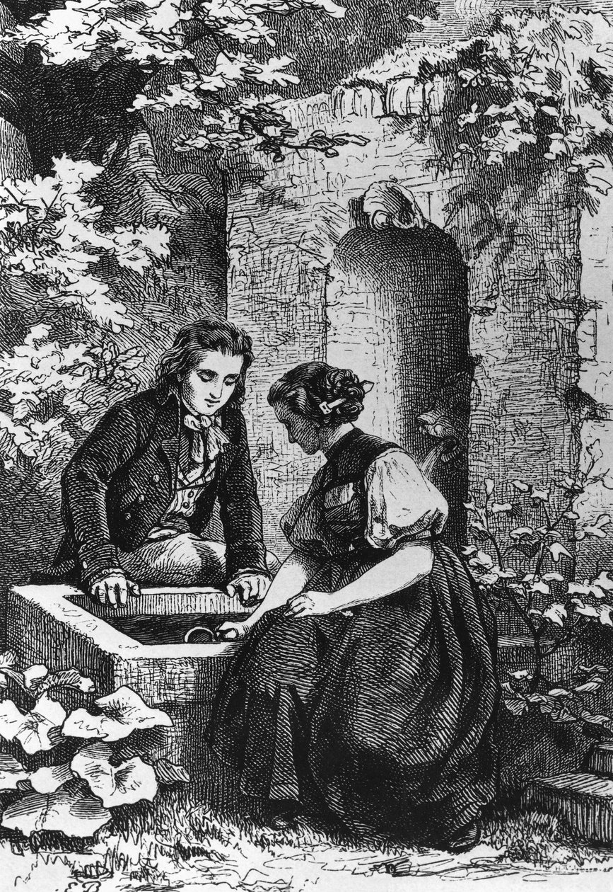 Hermann a Dorothy u kašny, ilustrace pro Hermanna a Dorotheu, idyla od Johanna Wolfganga von Goethe (1749-1832), rytina podle kresby Ernsta Bosche (1834-1917) od Ernst Bosch