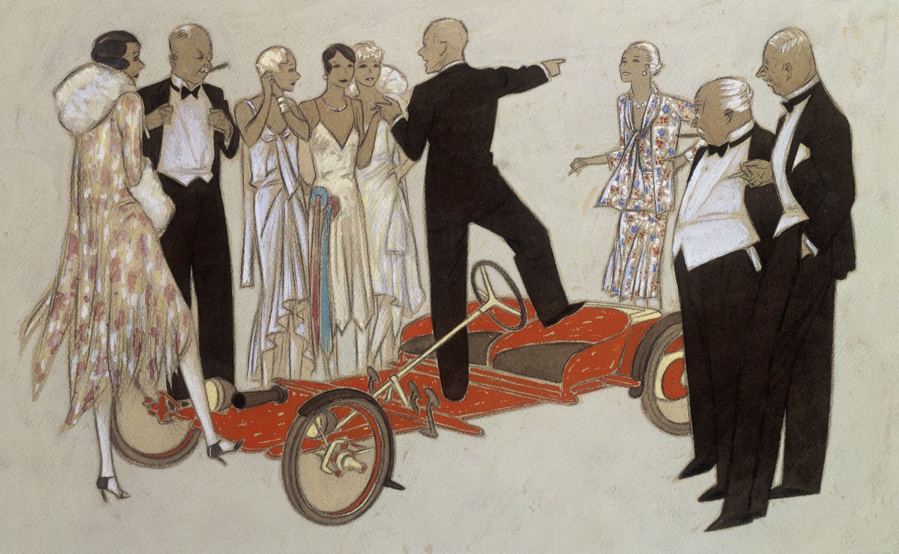 Skupina dam a pánů ve večerních šatech poslouchá řečníka, stojícího v Bugatti „Red Bug“ od Ernst Deutsch Dryden