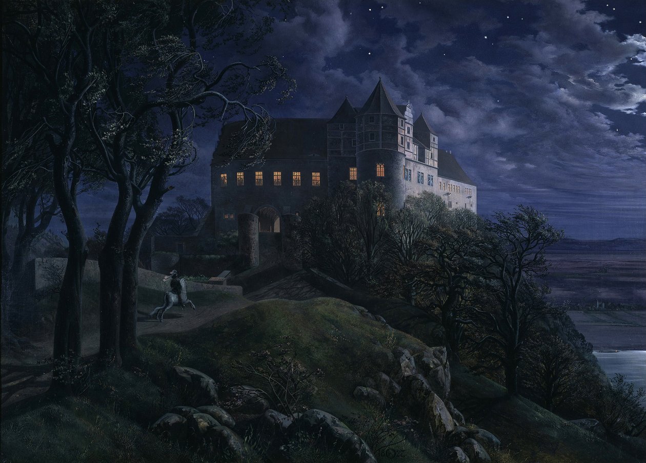 Hrad Scharfenberg v noci, 1827 od Ernst Ferdinand Oehme