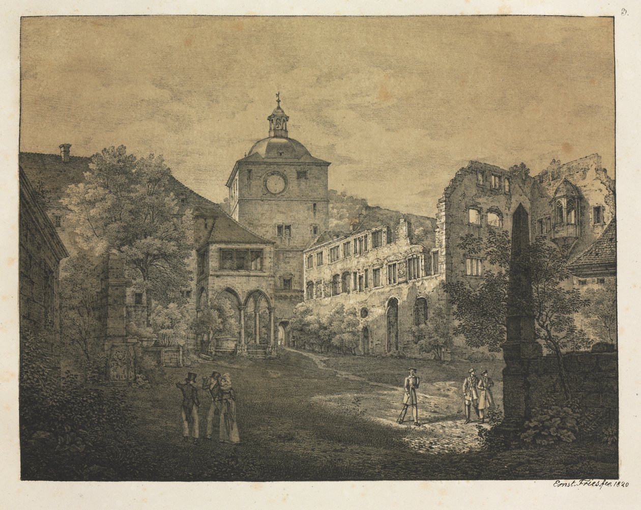 Šest pohledů na zámek Heidelberg: Zámecká terasa, 1820. od Ernst Fries