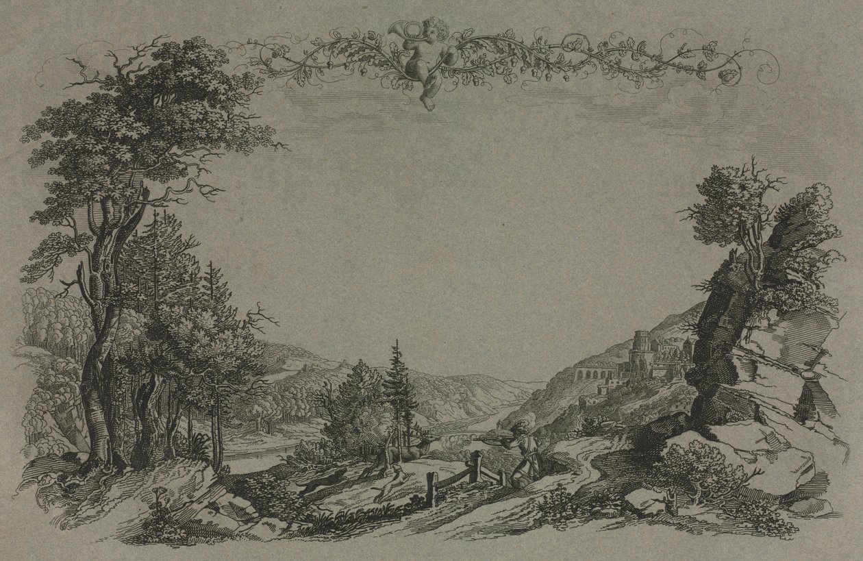 Šest pohledů na zámek Heidelberg: Obálka, lovecká scéna, 1820. od Ernst Fries