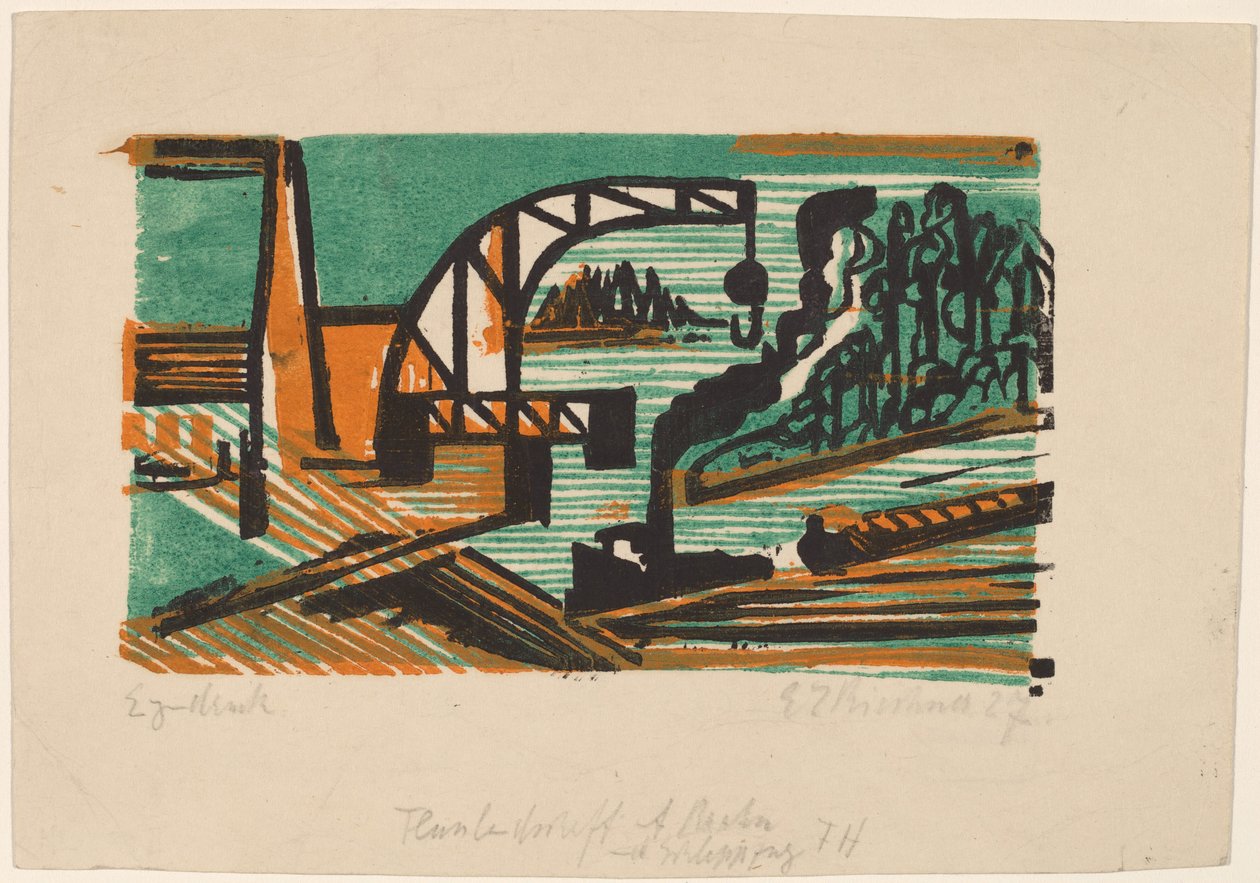 Říční krajina s jeřábem a čluny, 1927. od Ernst Ludwig Kirchner
