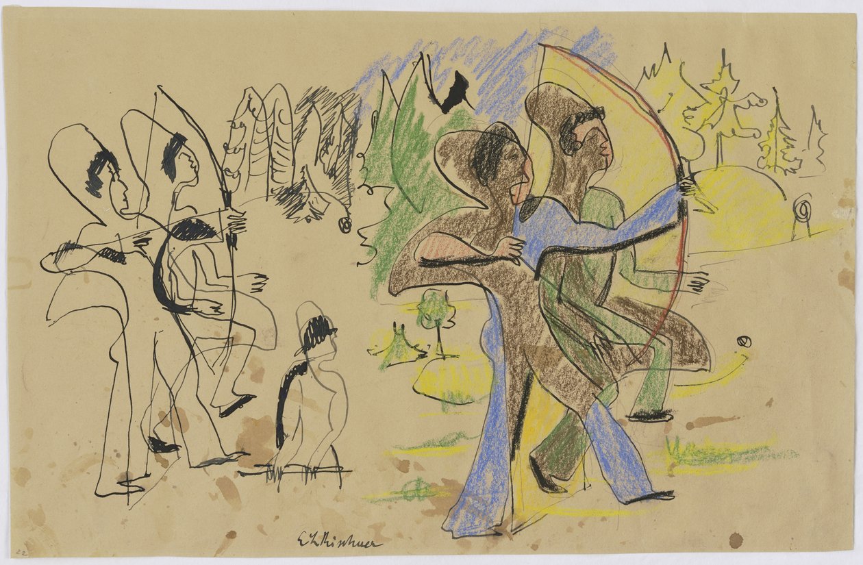 Lukostřelci, asi 1935 (pero a křída na hnědém papíře) od Ernst Ludwig Kirchner