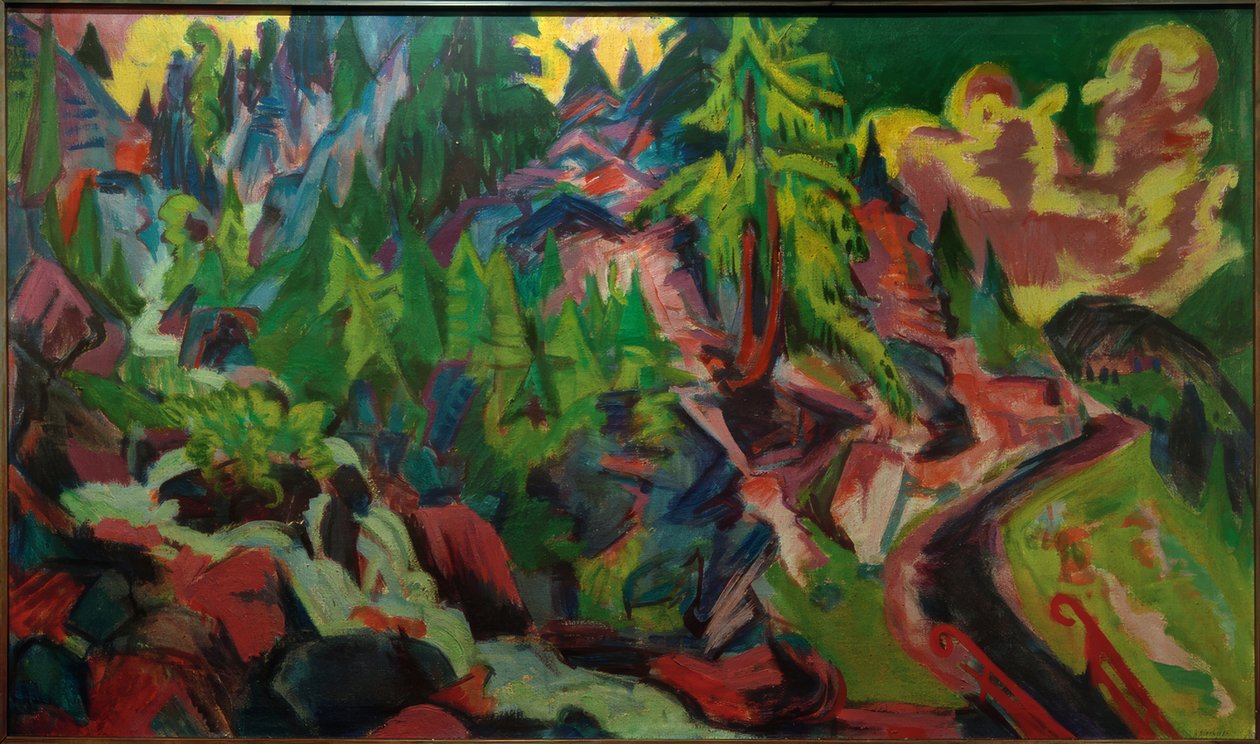 Krajina švýcarské kamenné borovice s vodopádem od Ernst Ludwig Kirchner