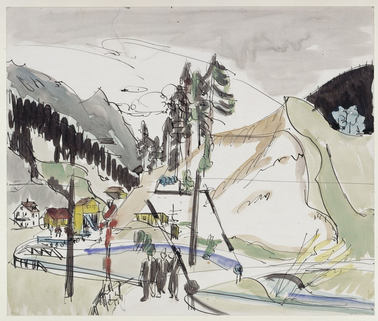 Železniční přejezd (Frauenkirch s výhledem na štěrkovnu Wildboden) od Ernst Ludwig Kirchner