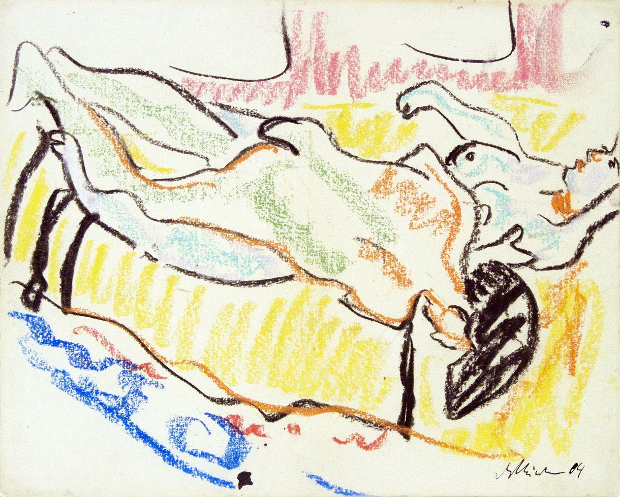 Zamilovaný pár v dílně. Dva akty. (Milostný pár ve studiu. Dva akty). Dílo Ernsta Ludwiga Kirchnera (1880-1938), pastel na papíře od Ernst Ludwig Kirchner
