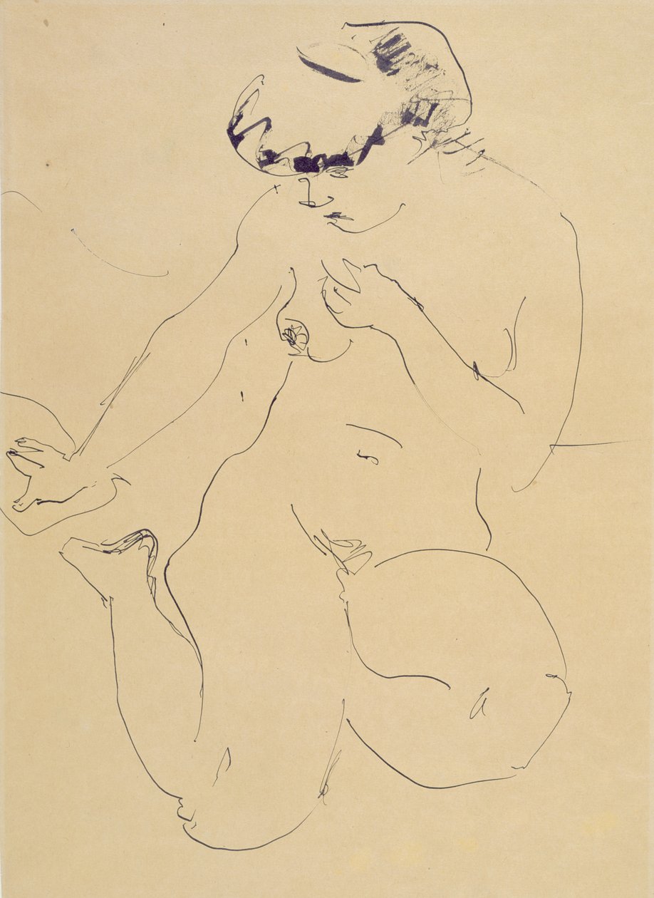 Krčící se akt (pero a štětec na papíře) od Ernst Ludwig Kirchner