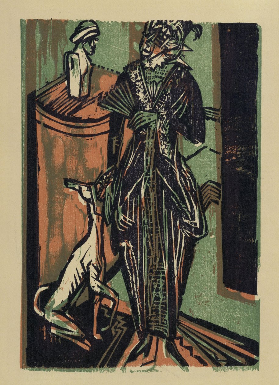 Dáma se psem. Z: Katalog výstavy šatů z vyšívací dílny paní Euckenové v Brémách od Ernst Ludwig Kirchner