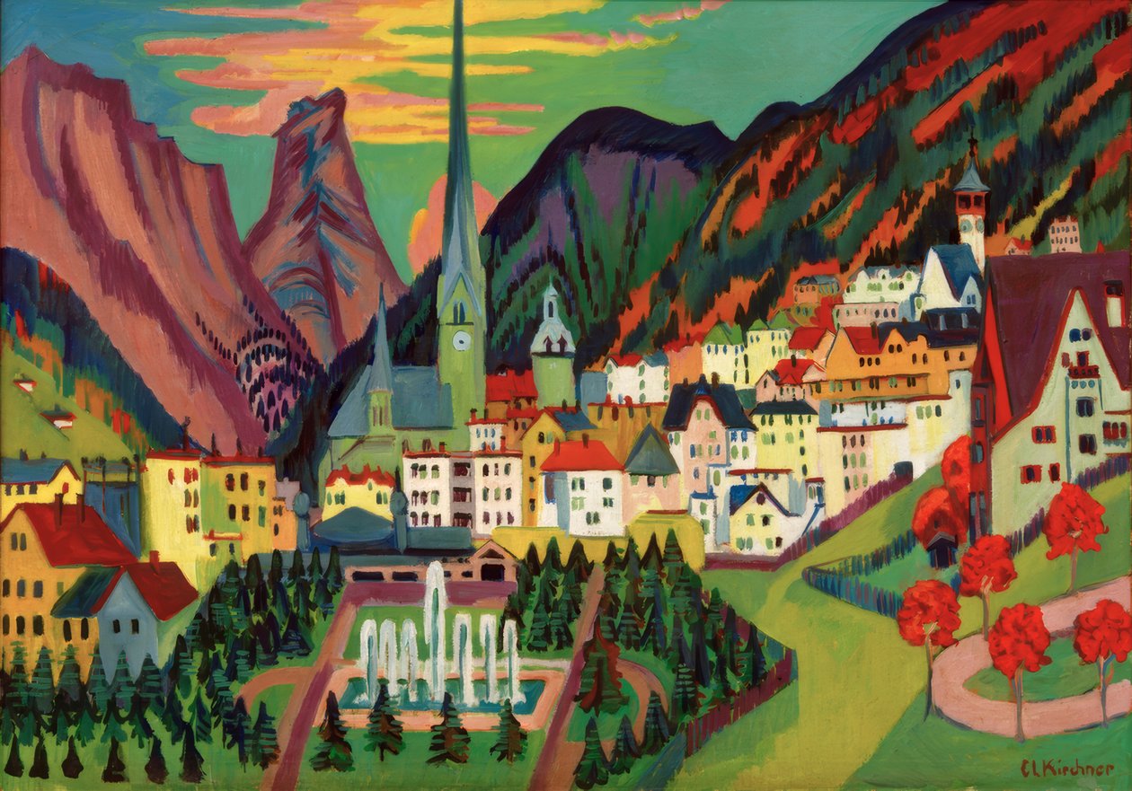 Davos s kostelem. Davos v létě od Ernst Ludwig Kirchner