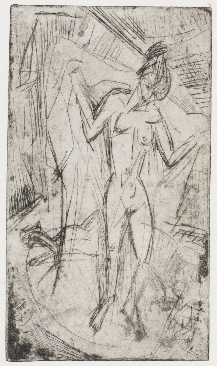 Tanec mezi ženami/Koupající se ženy s kočkou od Ernst Ludwig Kirchner
