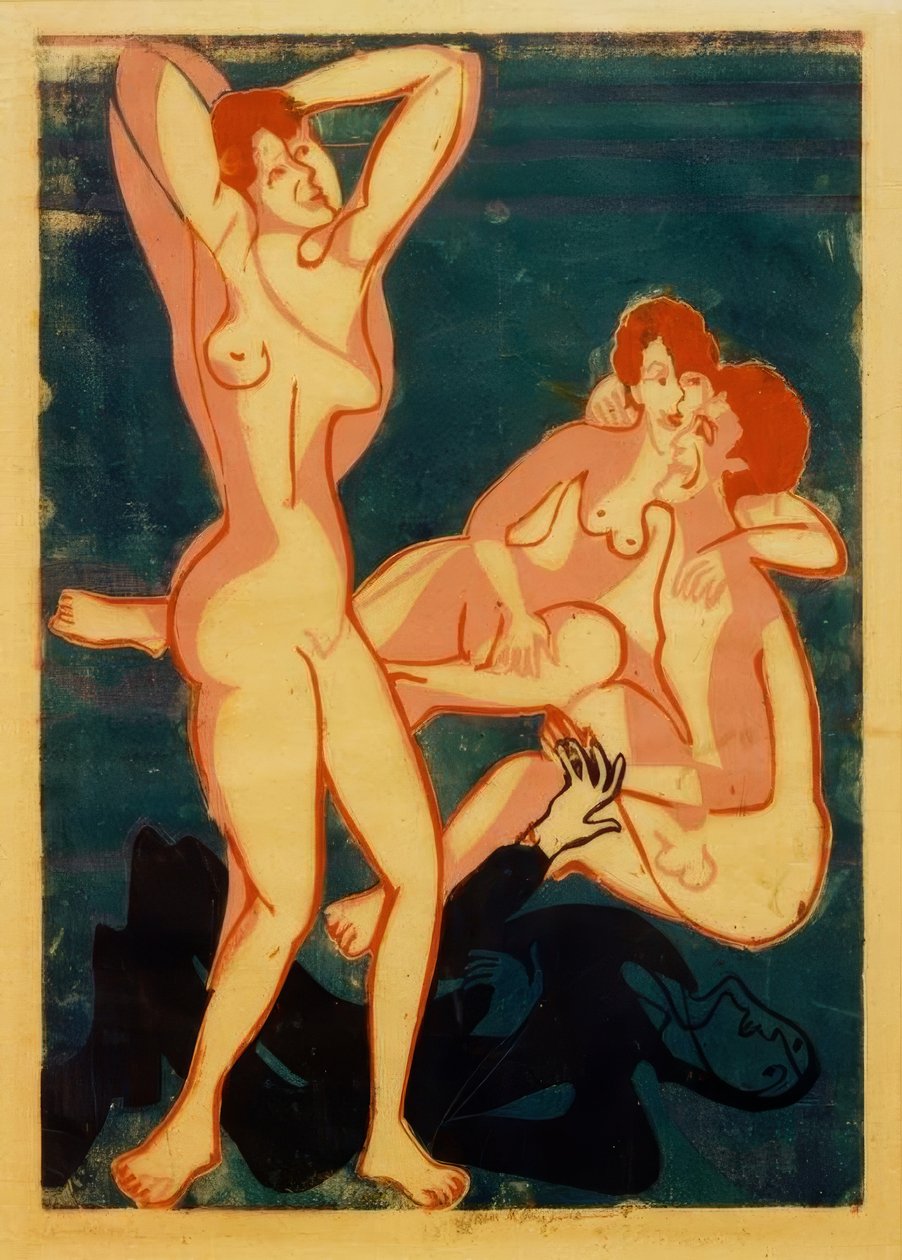 Tři akty a muž vleže od Ernst Ludwig Kirchner