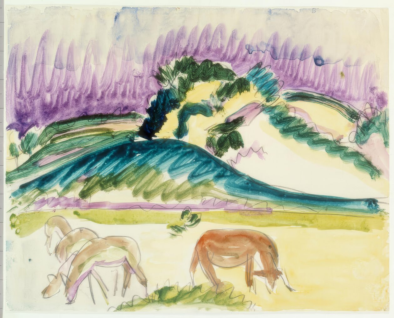 Tři pasoucí se jeleni a kráva ve Fehmarnu od Ernst Ludwig Kirchner