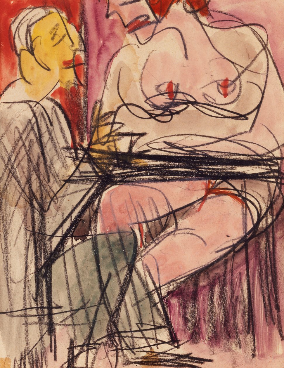 Ženský akt a muž sedící u stolu; Ženský akt a muž sedící u stolu, od Ernst Ludwig Kirchner