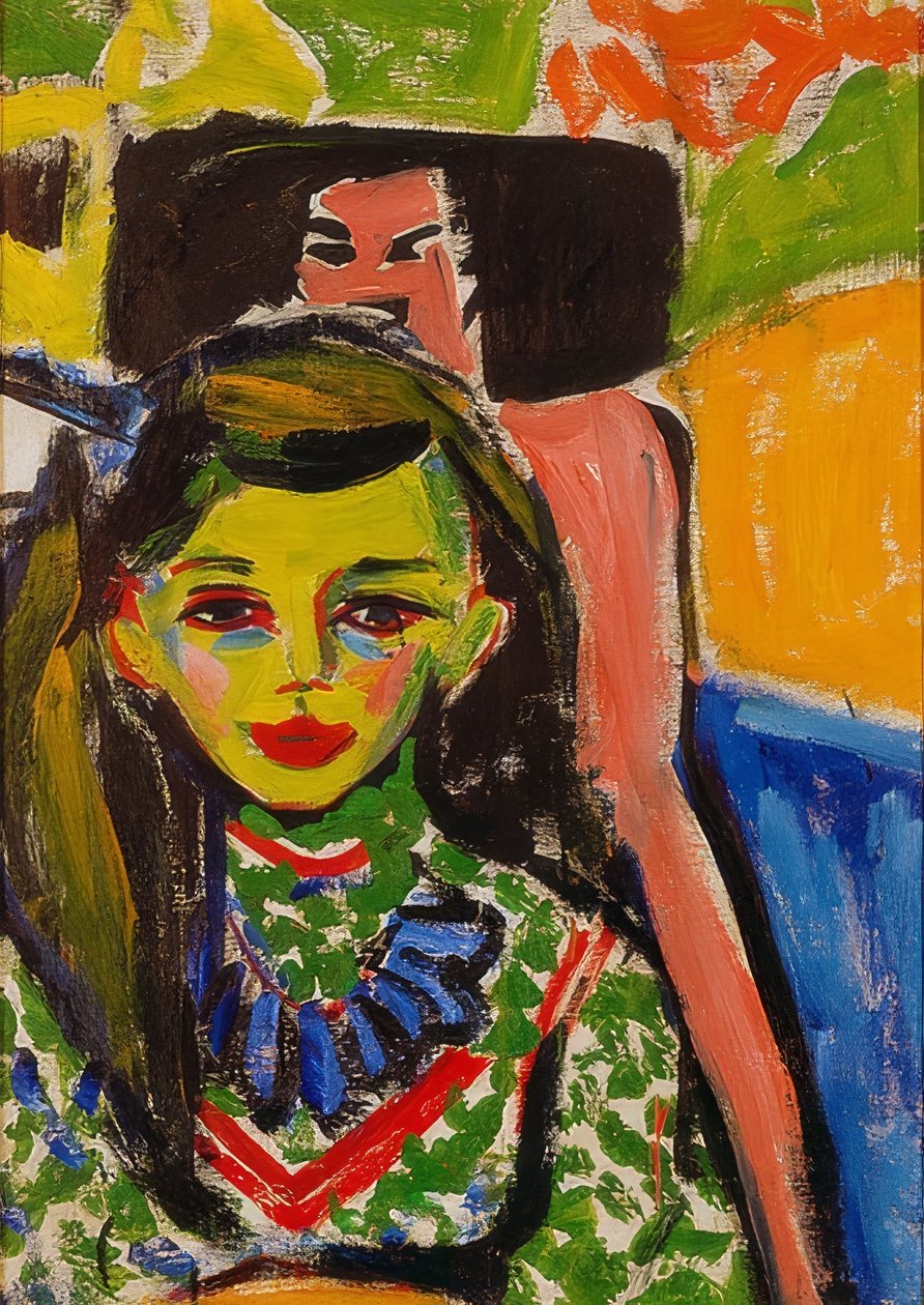 Fränzi před vyřezávanou židlí. 1910 od Ernst Ludwig Kirchner