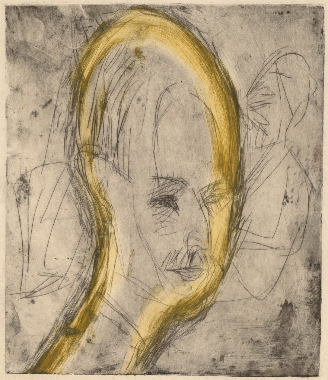 Head of Dr. Bauer, 1921 (lept a suchá jehla tištěná černě se žlutým monotypovým stíráním) od Ernst Ludwig Kirchner