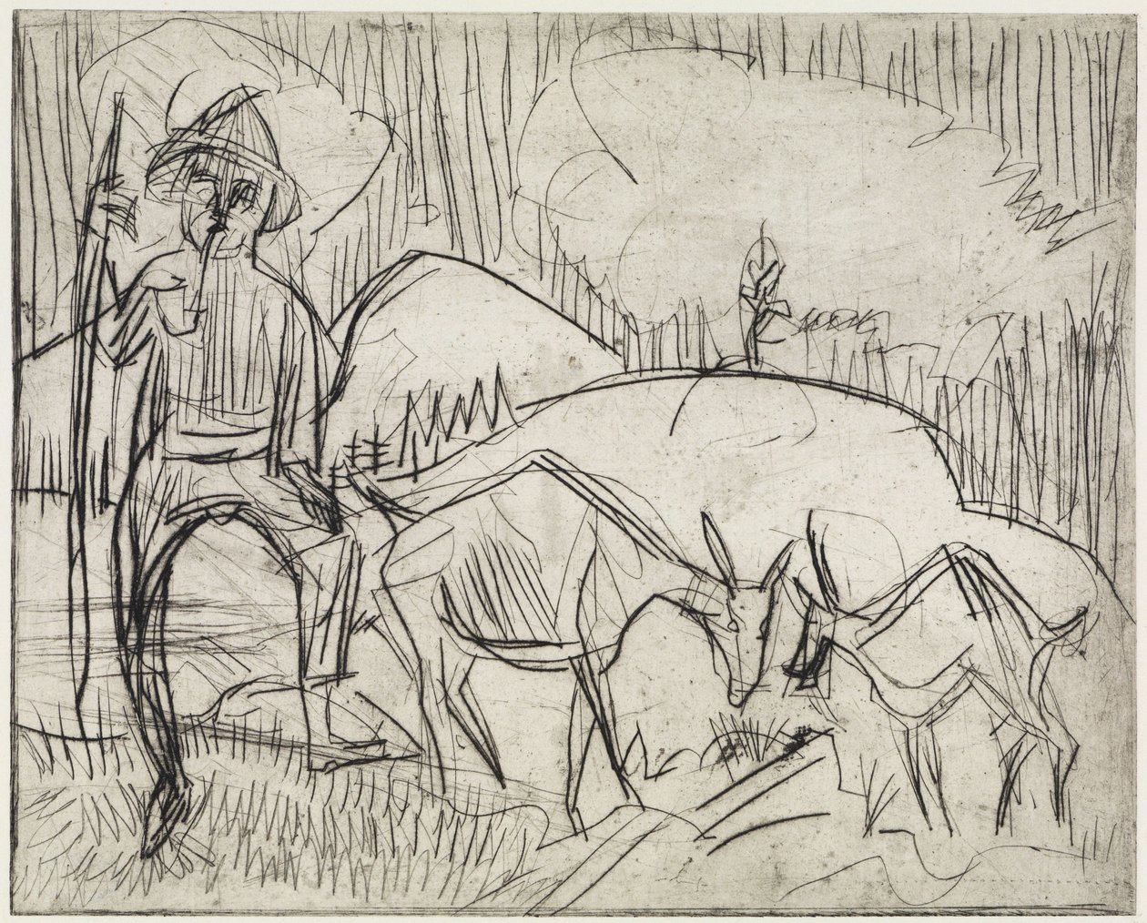 Pastýř s kozami/Horský svah s lidmi a kozami od Ernst Ludwig Kirchner