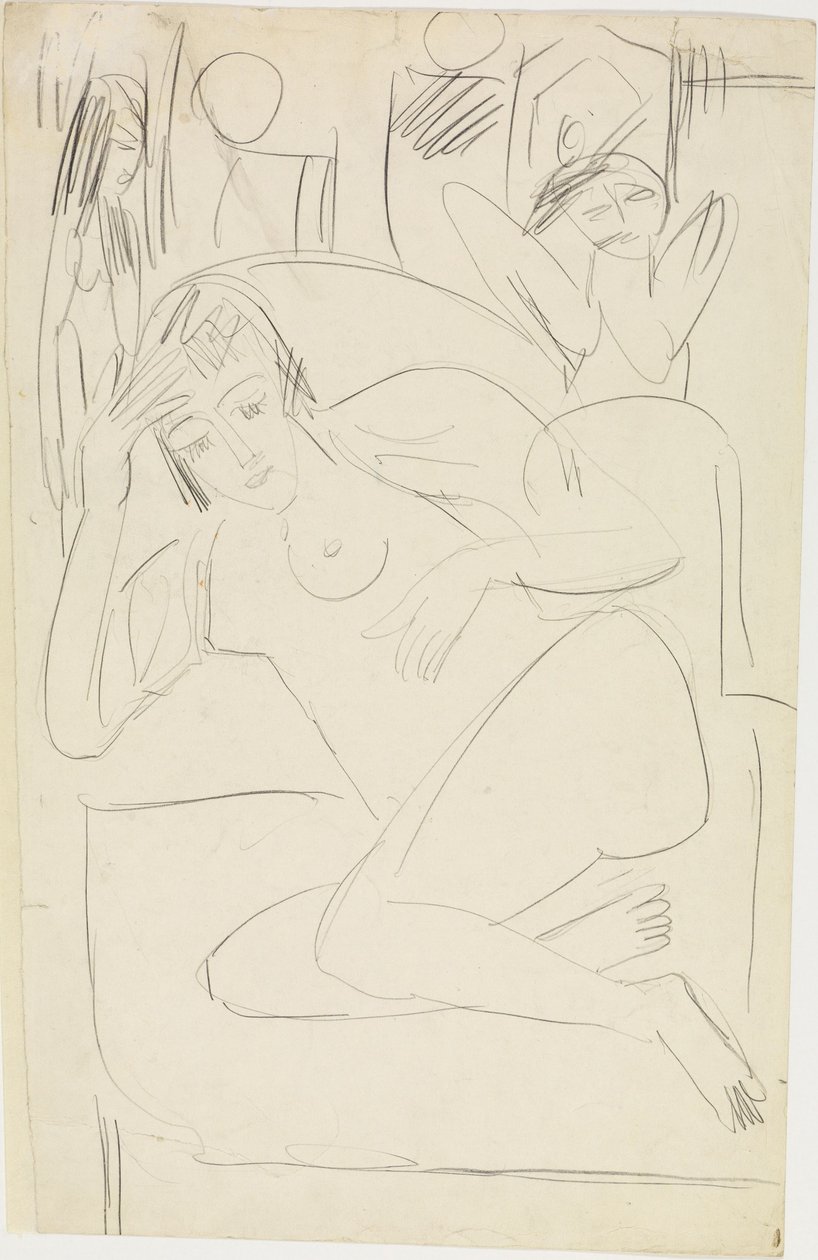 Ženský akt schoulený v křesle s dřevěnými figurkami od Ernst Ludwig Kirchner