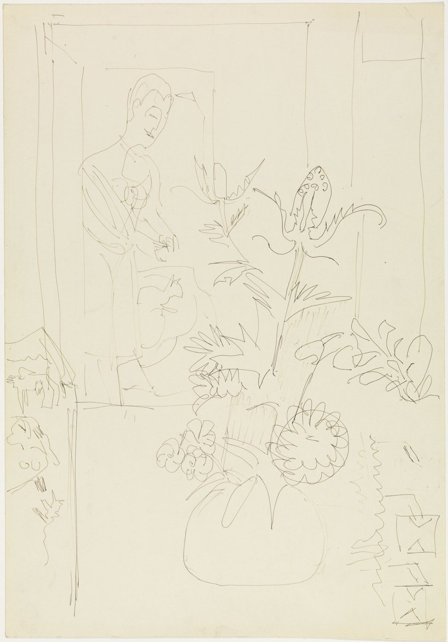 Interiér s vázou květin, ženou a kočkou od Ernst Ludwig Kirchner