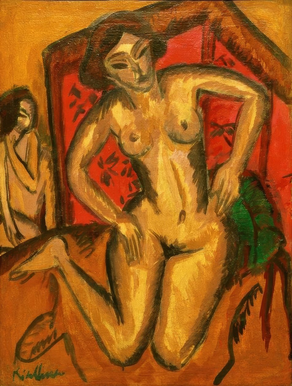 Klečící nahá dívka před červenou obrazovkou od Ernst Ludwig Kirchner