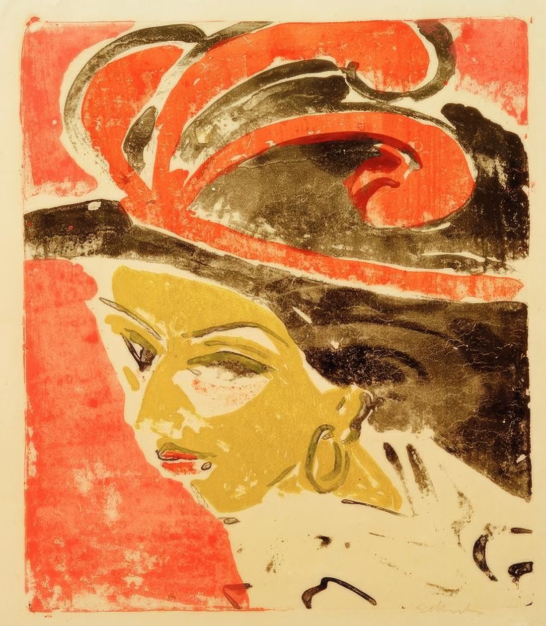 Cocottes hlava s péřovým kloboukem od Ernst Ludwig Kirchner