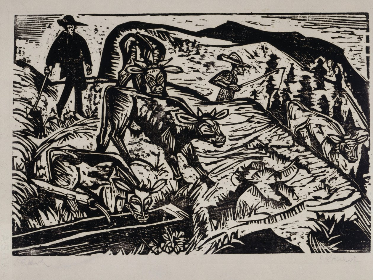 Krávy a pastevci od Ernst Ludwig Kirchner