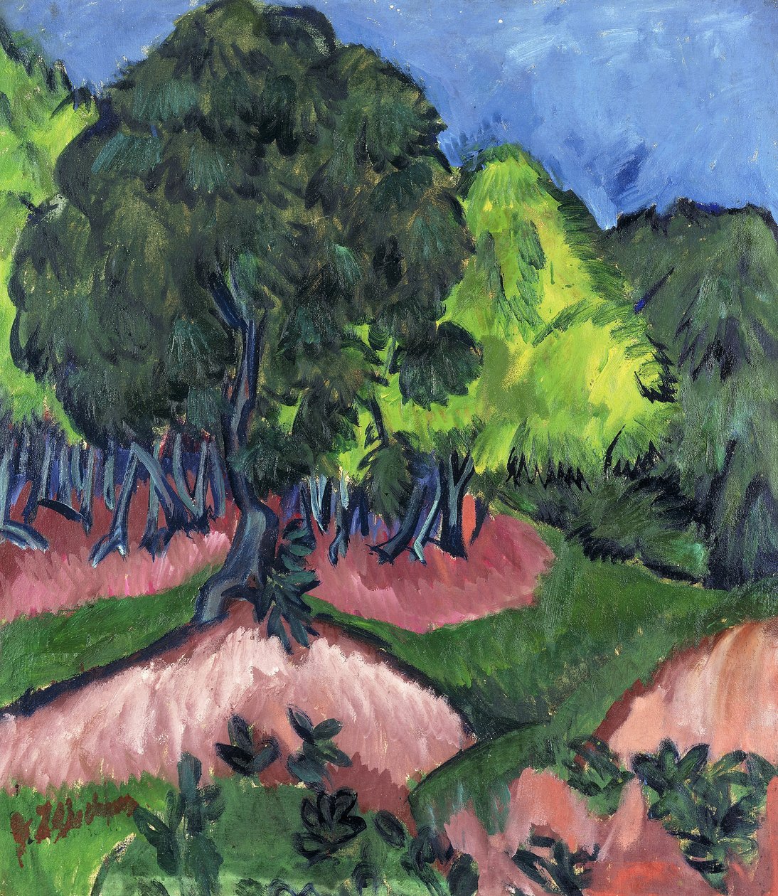 Krajina s kaštanovníkem; Landschaft mit Kastanienbaum, 1913 od Ernst Ludwig Kirchner