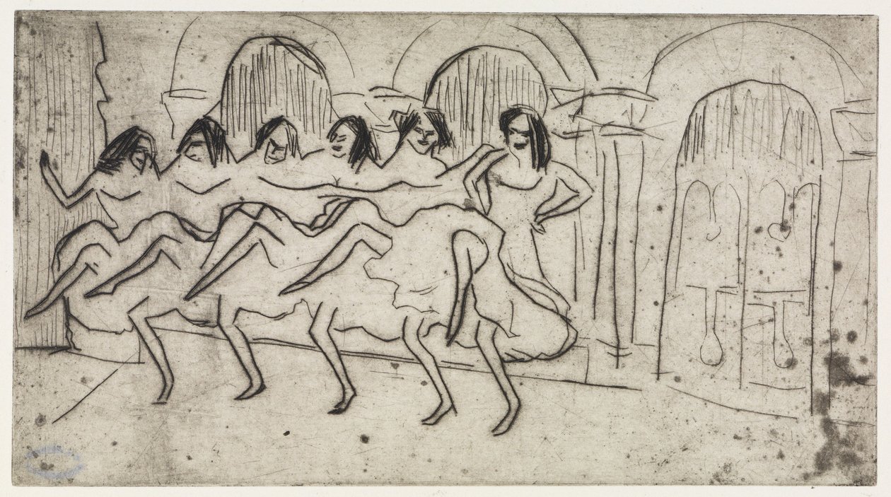 Lotte ležící na polštáři / Šest tanečnic před obloukovou dekorací – anglický soubor od Ernst Ludwig Kirchner
