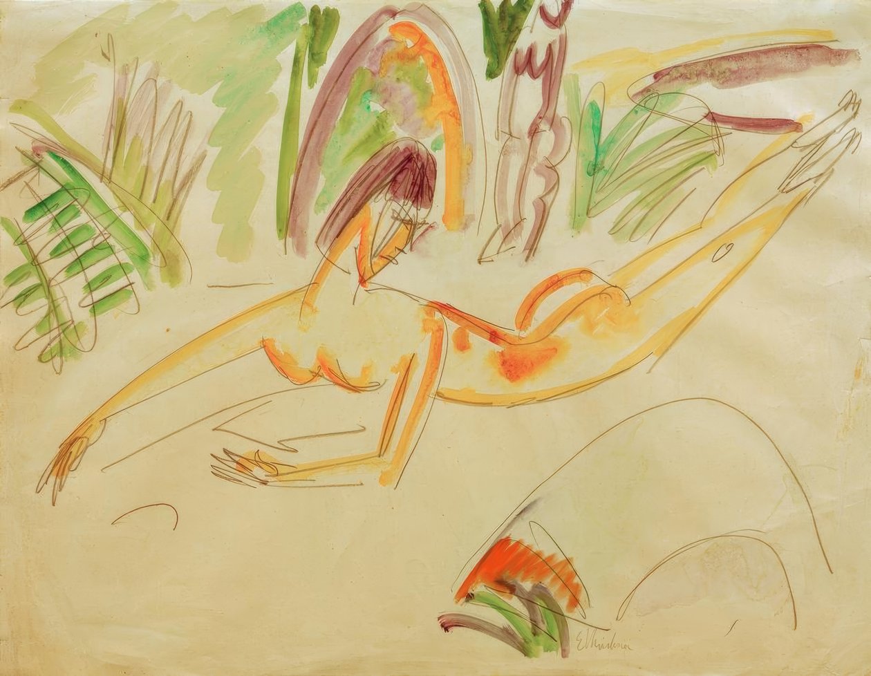Ležící nahá žena na pláži Fehmarn od Ernst Ludwig Kirchner