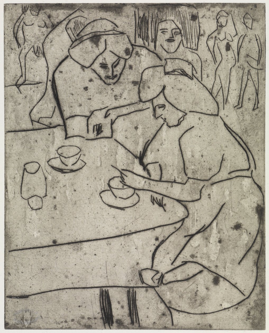 Dívka, která druhé dívce utírá břicho ručníkem / Dívka u kávového stolku od Ernst Ludwig Kirchner