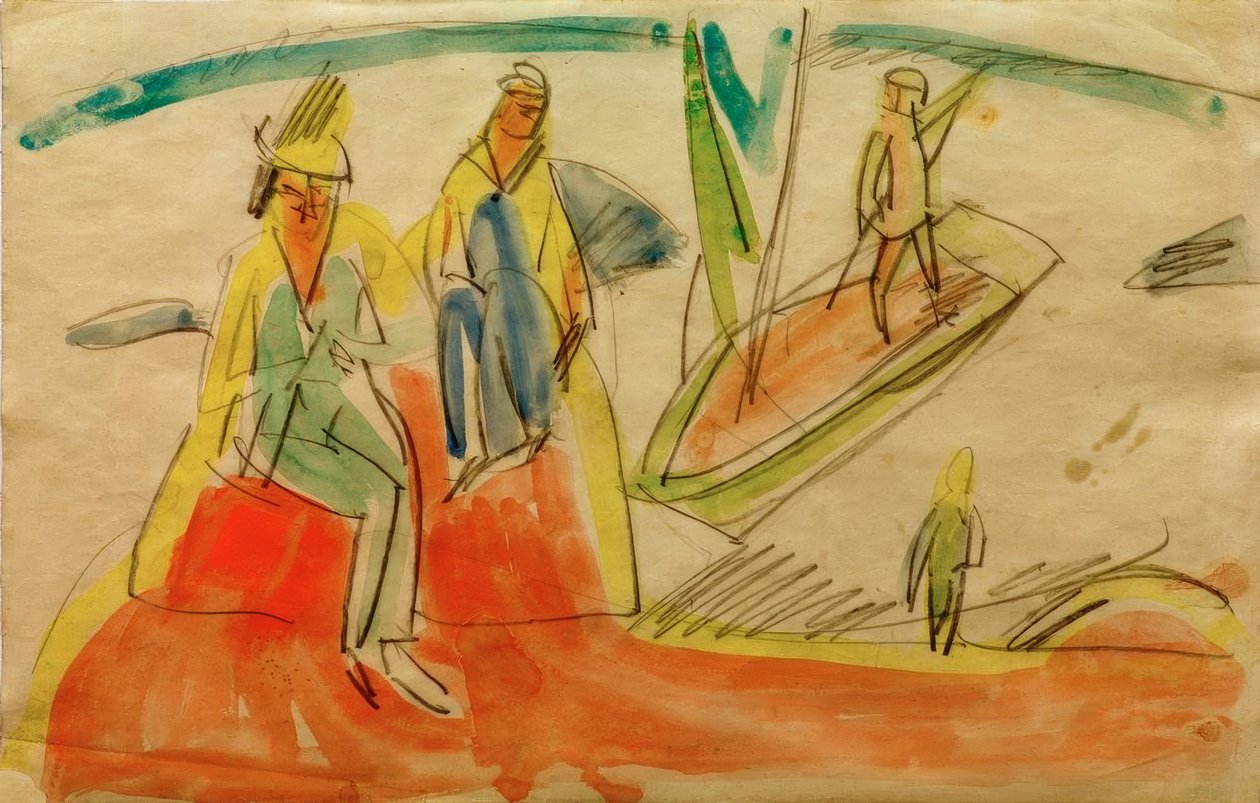 Lidé a loď na pláži od Ernst Ludwig Kirchner