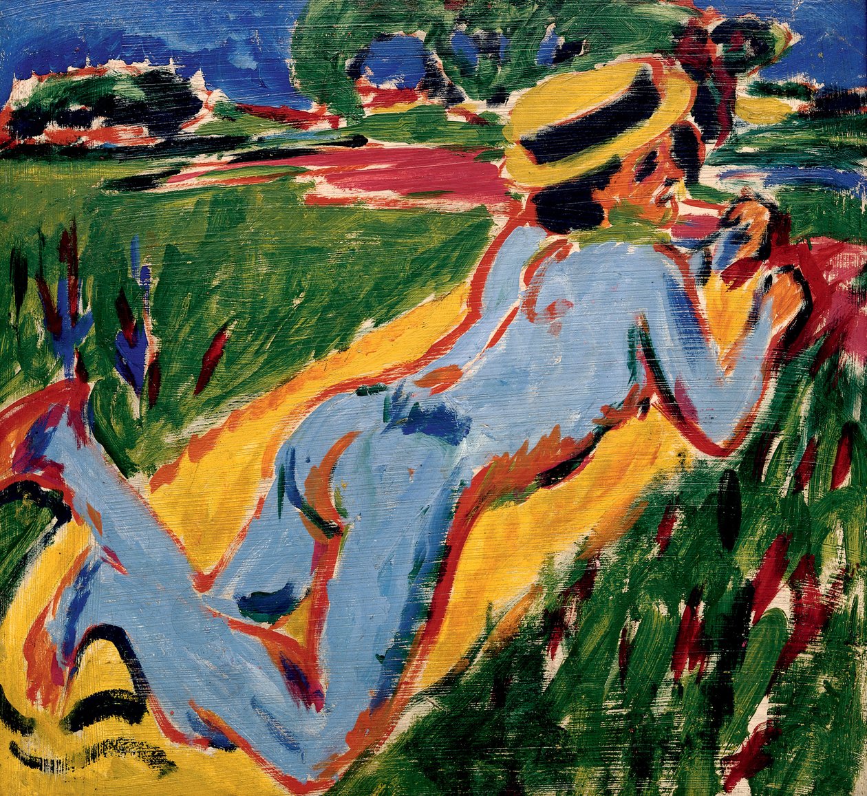 Nu bleu spí ve slaměném klobouku. Dílo Ernsta Ludwiga Kirchnera (1880-1938), olej na kartonu od Ernst Ludwig Kirchner