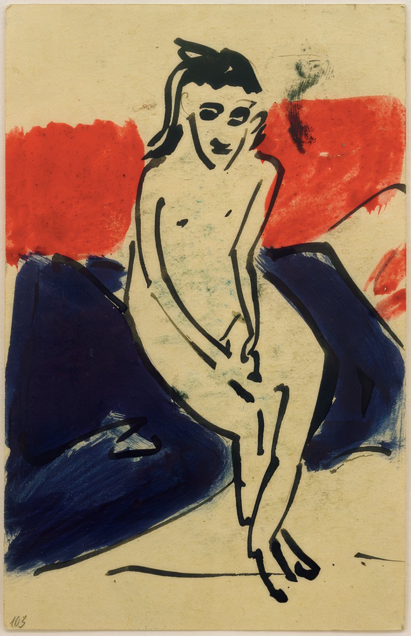 Pohlednice Erichu Heckelovi z 30. června 1910 (sedící nahá Marzella) od Ernst Ludwig Kirchner