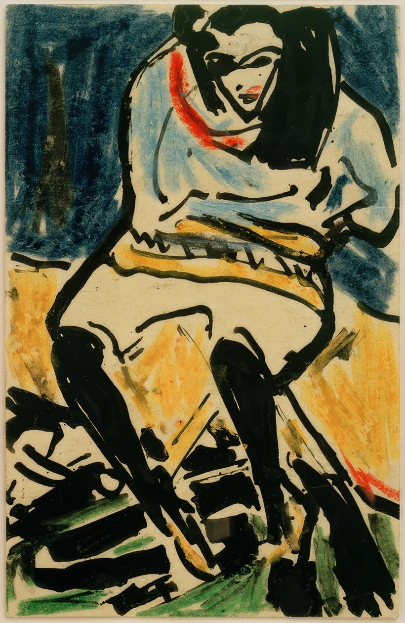 Pohlednice Erichu Heckelovi ze 6. dubna 1910 (Marzella na skládací židli) od Ernst Ludwig Kirchner