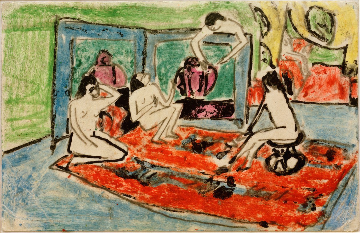 Pohlednice Maschce Muellerové ze 17. února 1911 (čtyři ženské akty v ateliéru) od Ernst Ludwig Kirchner