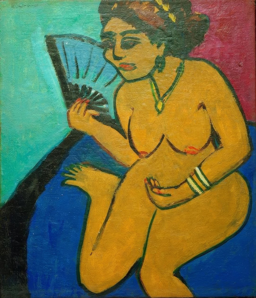 Sedící nahá s ventilátorem od Ernst Ludwig Kirchner