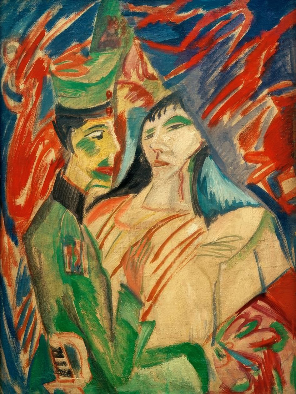 Voják a dívka mezi barevnými závěsy od Ernst Ludwig Kirchner