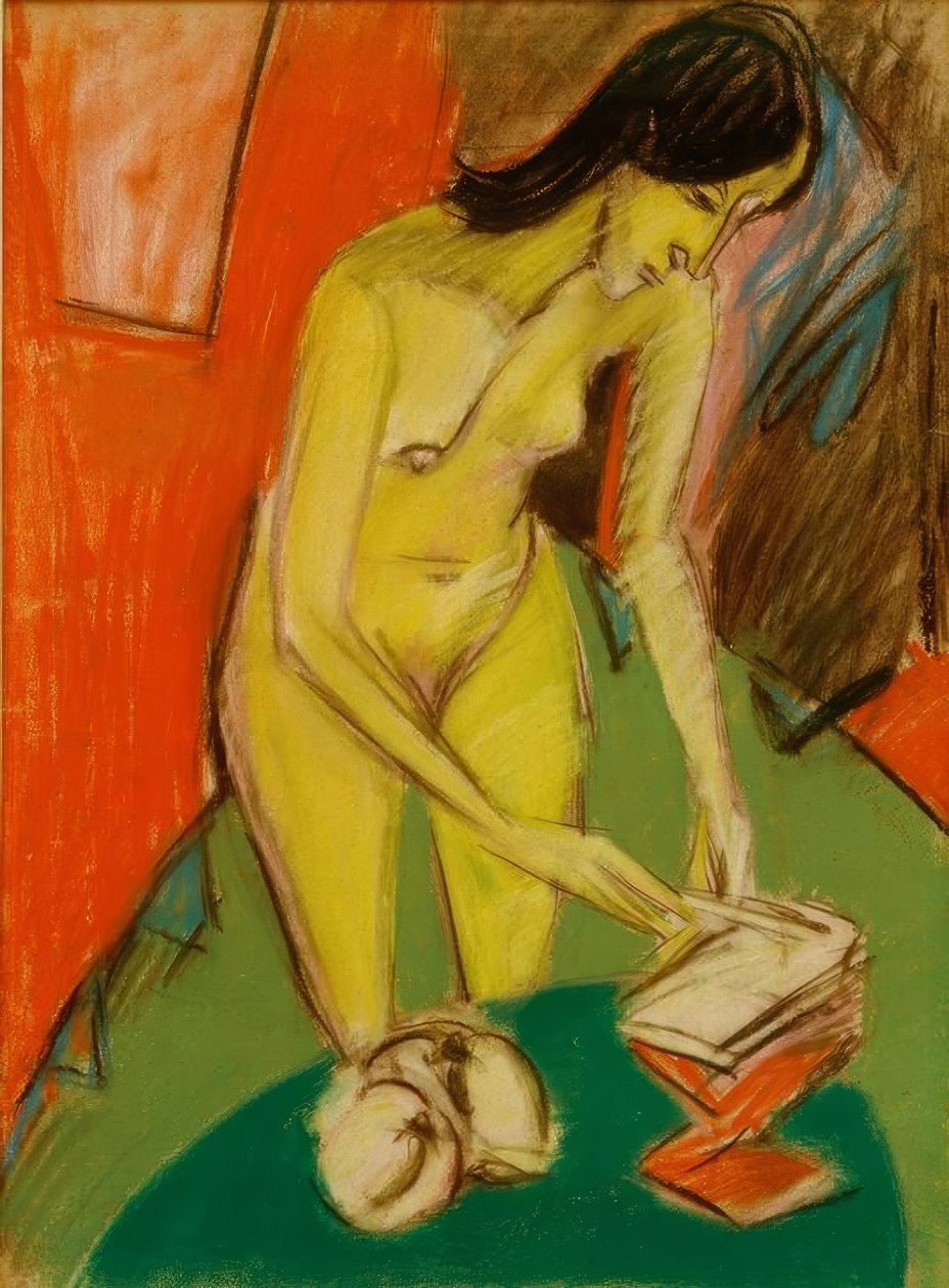 Stojící ženský akt u stolu od Ernst Ludwig Kirchner